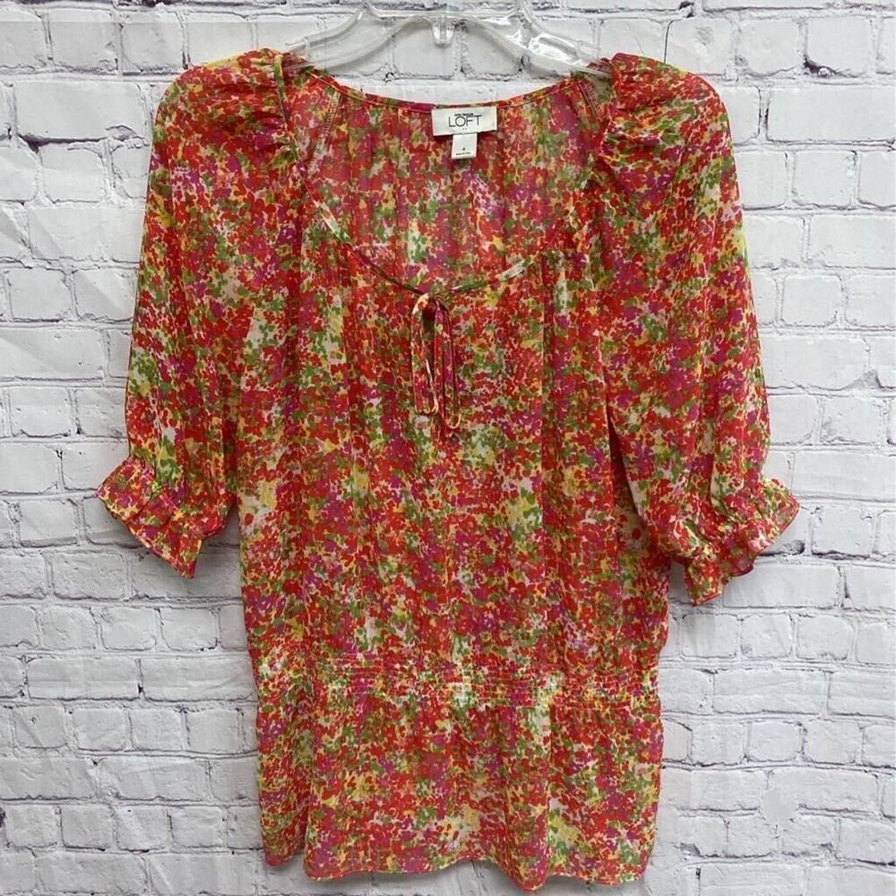 Loft Womens Peasant Blouse Multicolor Floral 3/4 Sleeve Scoop Neck Peplum 4